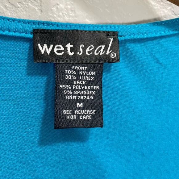 Vintage Y2K Wet Seal Blue Teal Rose Appliqué Textured Top Size Medium Scoopneck - Picture 10 of 11